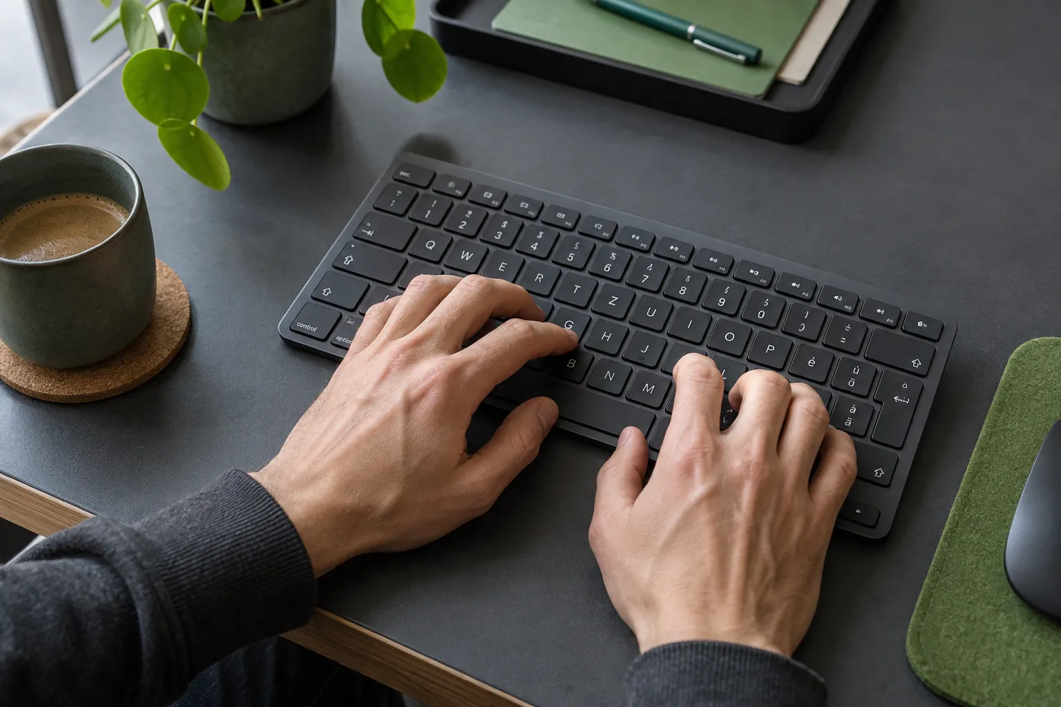 Des mains sur un clavier QWERTZ suisse — illustration du travail informatique au quotidien.
